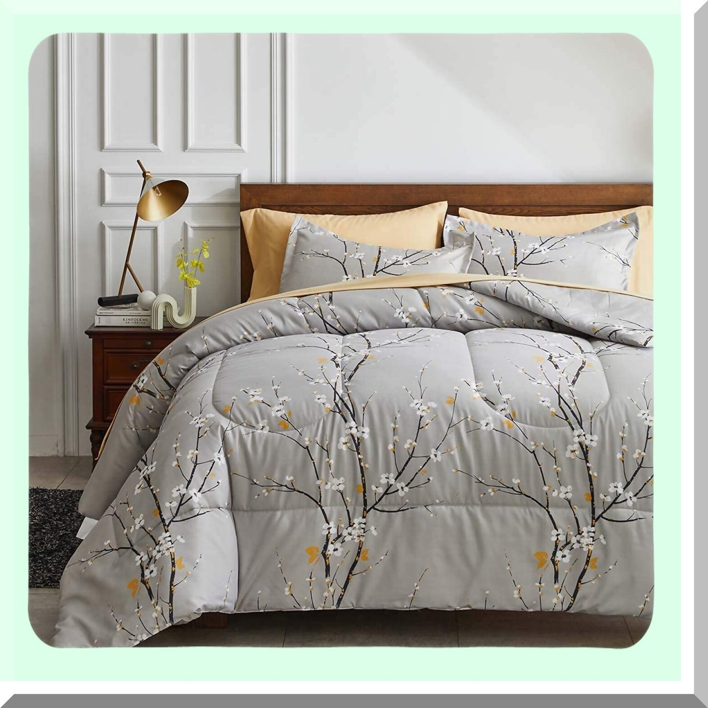 Winter Bloom Tree Branch 7-Piece Bedding Set - Gray Comforter, Pillow Shams, Tan Sheets, Pillowcases - Cozy Floral Design for Warmth and Comfort
