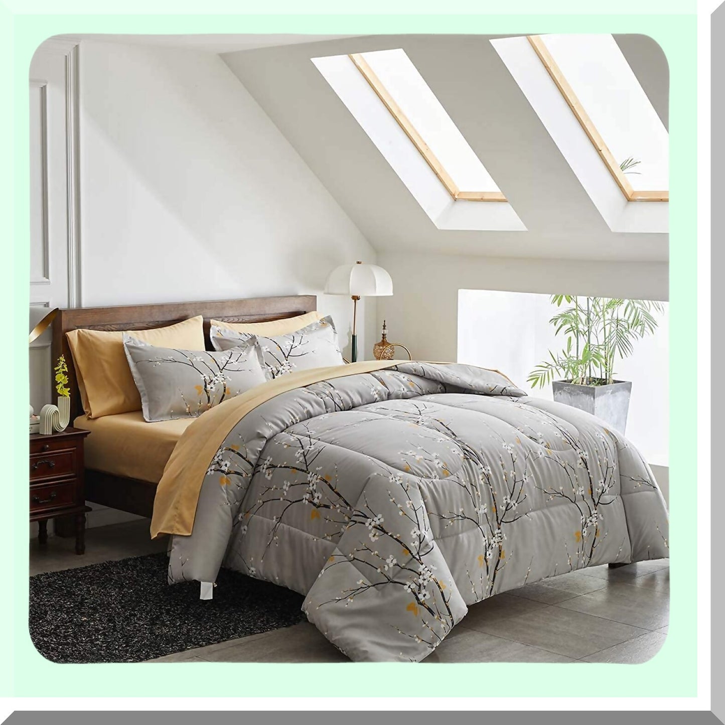 Winter Bloom Tree Branch 7-Piece Bedding Set - Gray Comforter, Pillow Shams, Tan Sheets, Pillowcases - Cozy Floral Design for Warmth and Comfort