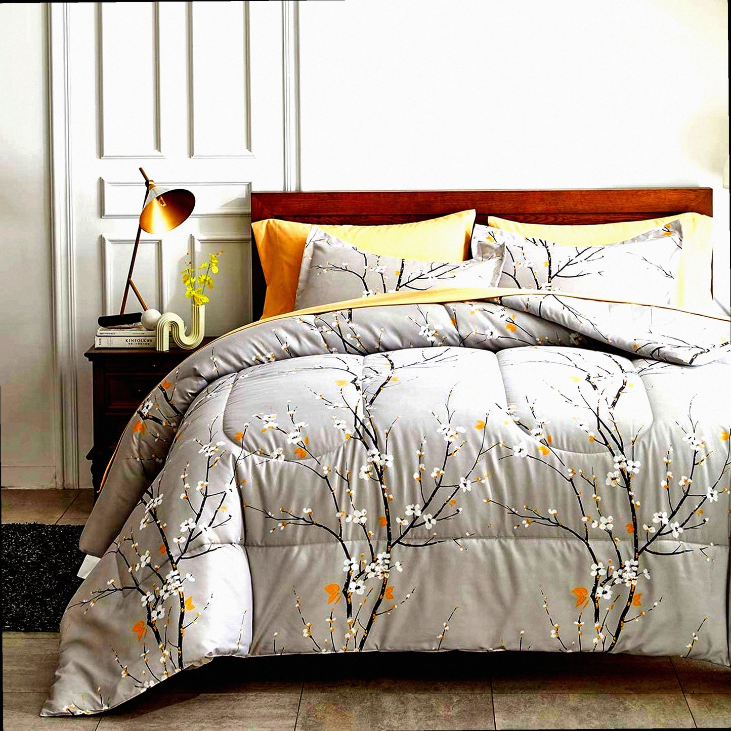 Winter Bloom Tree Branch 7-Piece Bedding Set - Gray Comforter, Pillow Shams, Tan Sheets, Pillowcases - Cozy Floral Design for Warmth and Comfort