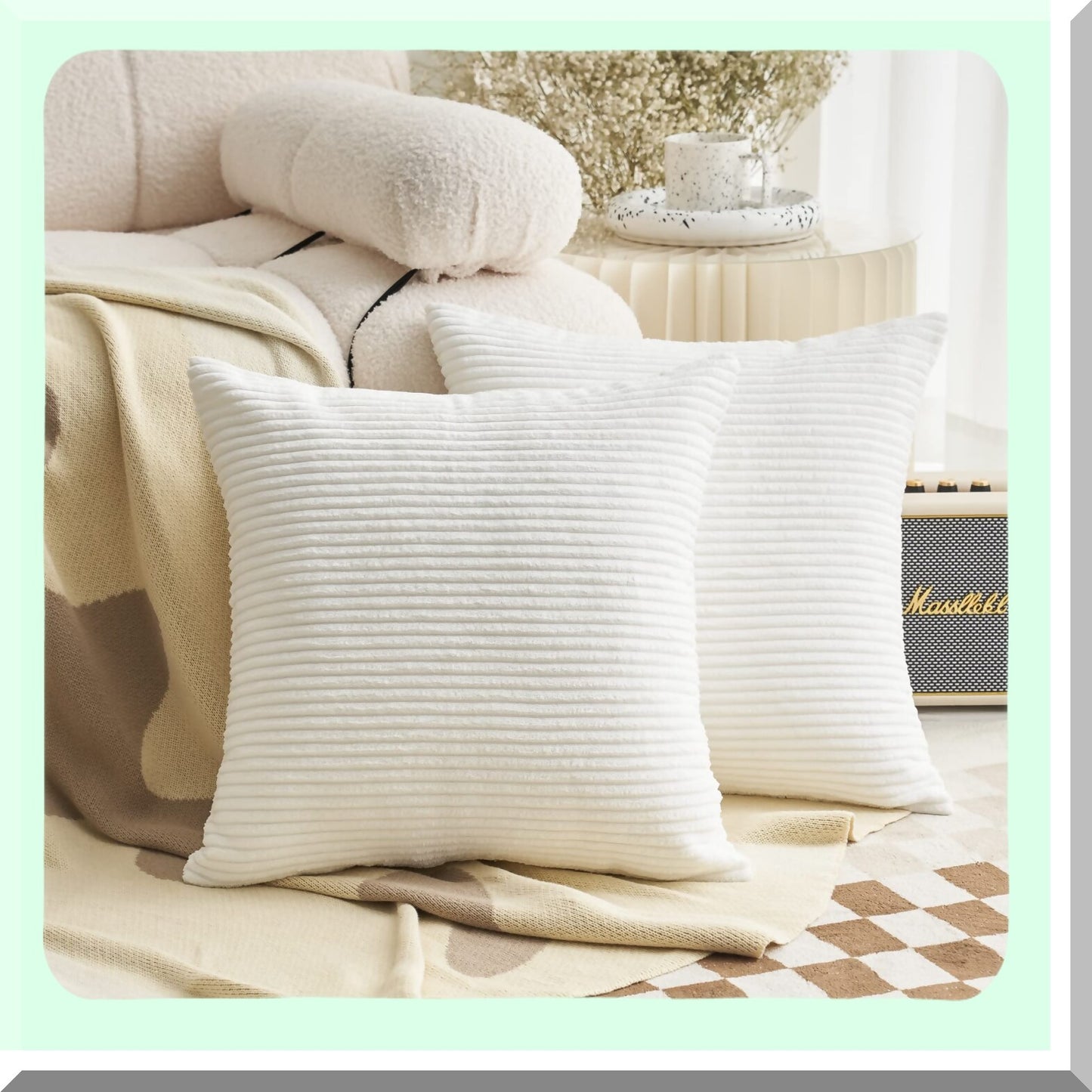 Soft Corduroy Striped Pillow Covers - Set of 2, 24x24 Square Decorative Euro Sham Covers for Couch Bed Bench Hanging Chair - Large Throw Pillows, White