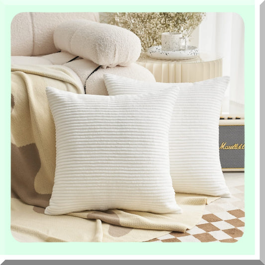 Soft Corduroy Striped Pillow Covers - Set of 2, 24x24 Square Decorative Euro Sham Covers for Couch Bed Bench Hanging Chair - Large Throw Pillows, White