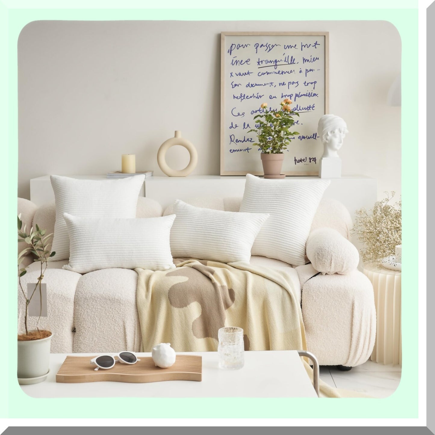 Soft Corduroy Striped Pillow Covers - Set of 2, 24x24 Square Decorative Euro Sham Covers for Couch Bed Bench Hanging Chair - Large Throw Pillows, White