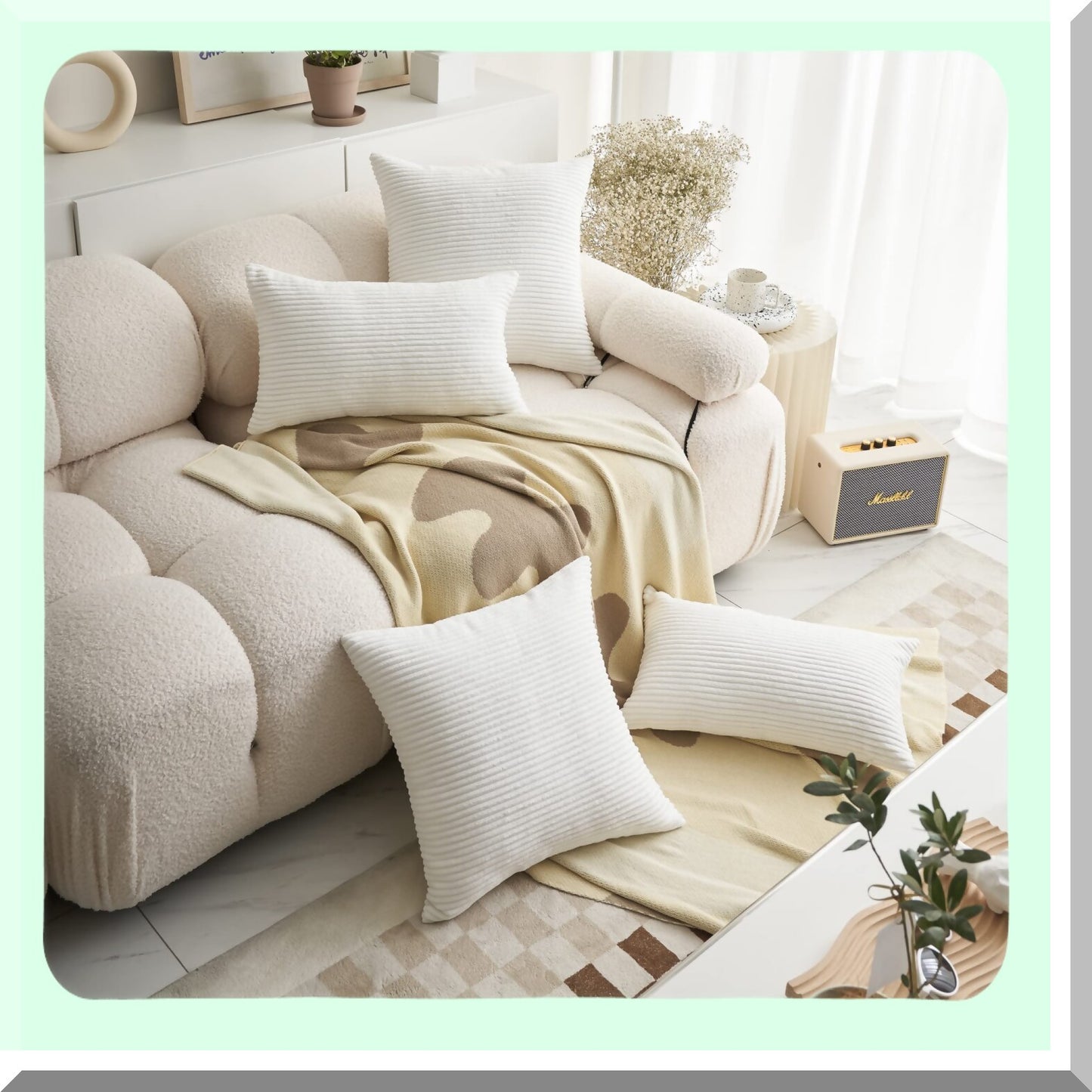 Soft Corduroy Striped Pillow Covers - Set of 2, 24x24 Square Decorative Euro Sham Covers for Couch Bed Bench Hanging Chair - Large Throw Pillows, White