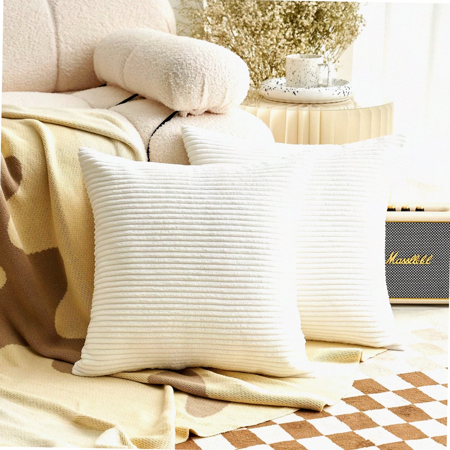 Soft Corduroy Striped Pillow Covers - Set of 2, 24x24 Square Decorative Euro Sham Covers for Couch Bed Bench Hanging Chair - Large Throw Pillows, White