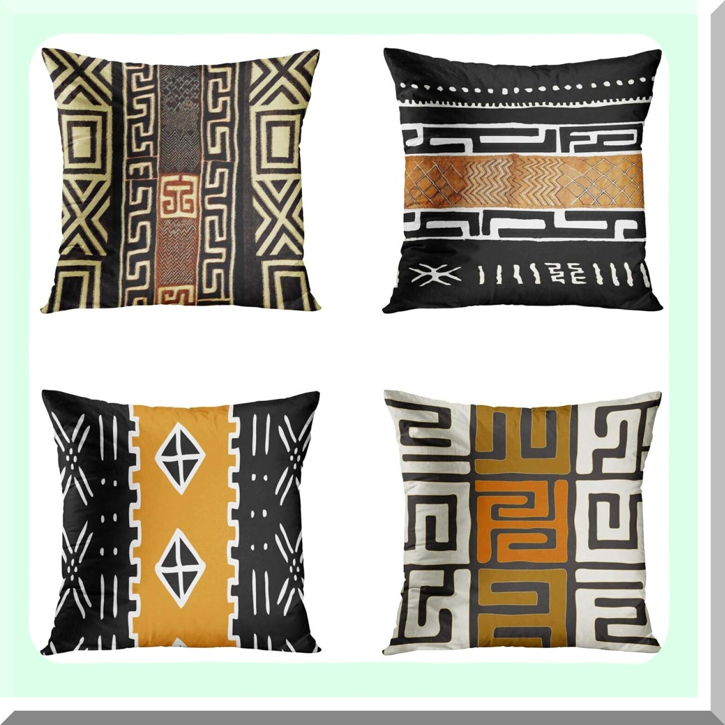 EarthTribal Geometric Pillowcase Set - Mud Cloth Inspired Decorative Cushion Covers for Sofa, Bed, Couch - 18x18 Inch Square Throw Pillow Covers
