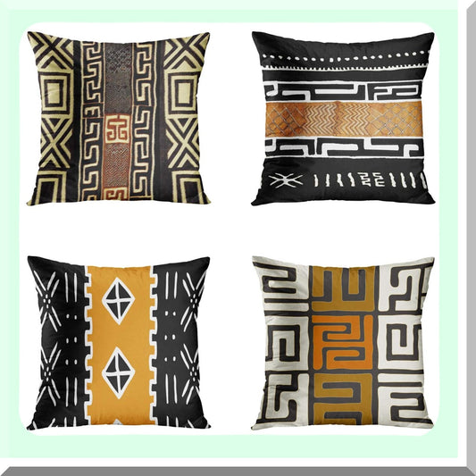 EarthTribal Geometric Pillowcase Set - Mud Cloth Inspired Decorative Cushion Covers for Sofa, Bed, Couch - 18x18 Inch Square Throw Pillow Covers