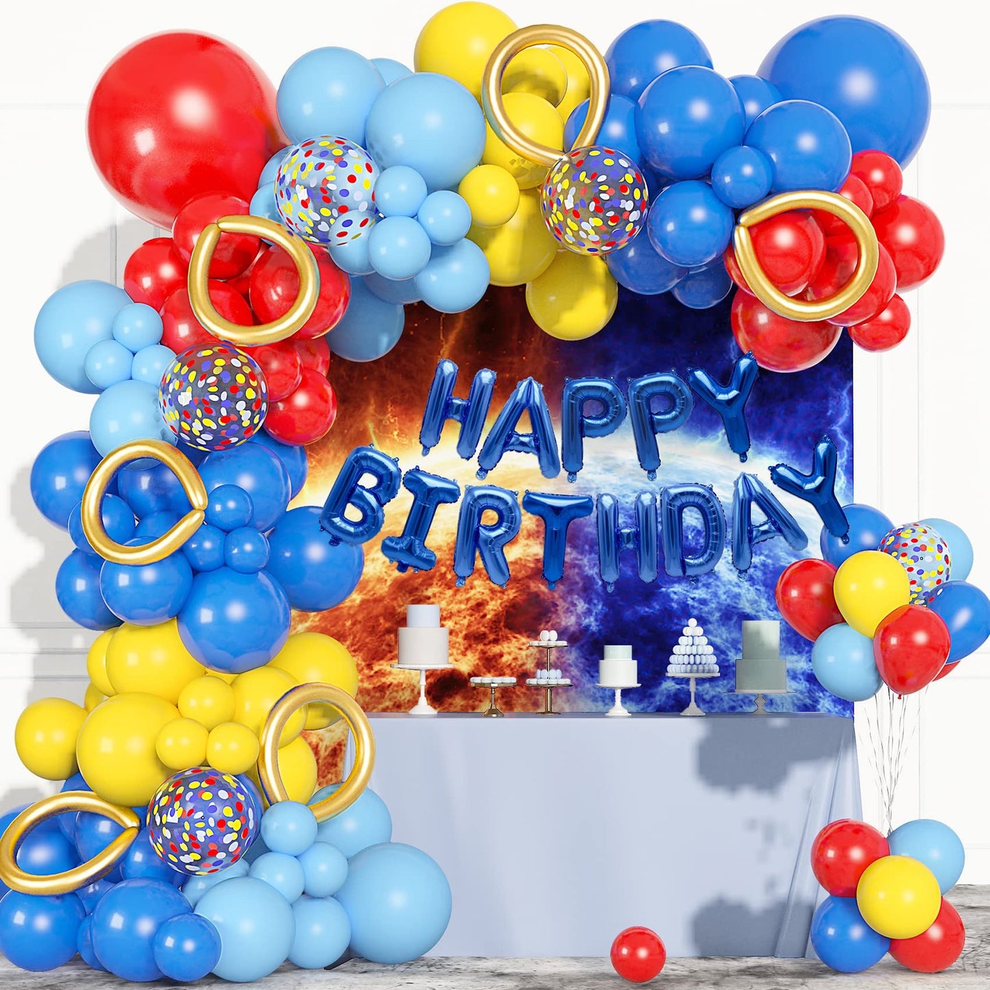 Colorful Balloon Fiesta Kit - 123Pcs Red Yellow Blue Balloons Garland with Confetti. Perfect for Birthday, Baby Shower, Circus, Party Backdrop Decor!
