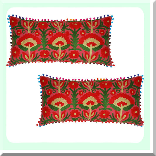 Boho Floral Suzani Cushion Cover Set - 100% Cotton Decorative Throw Pillow for Sofa Couch Bed - Coral Red - 18 x 18 Inches - Set of 2