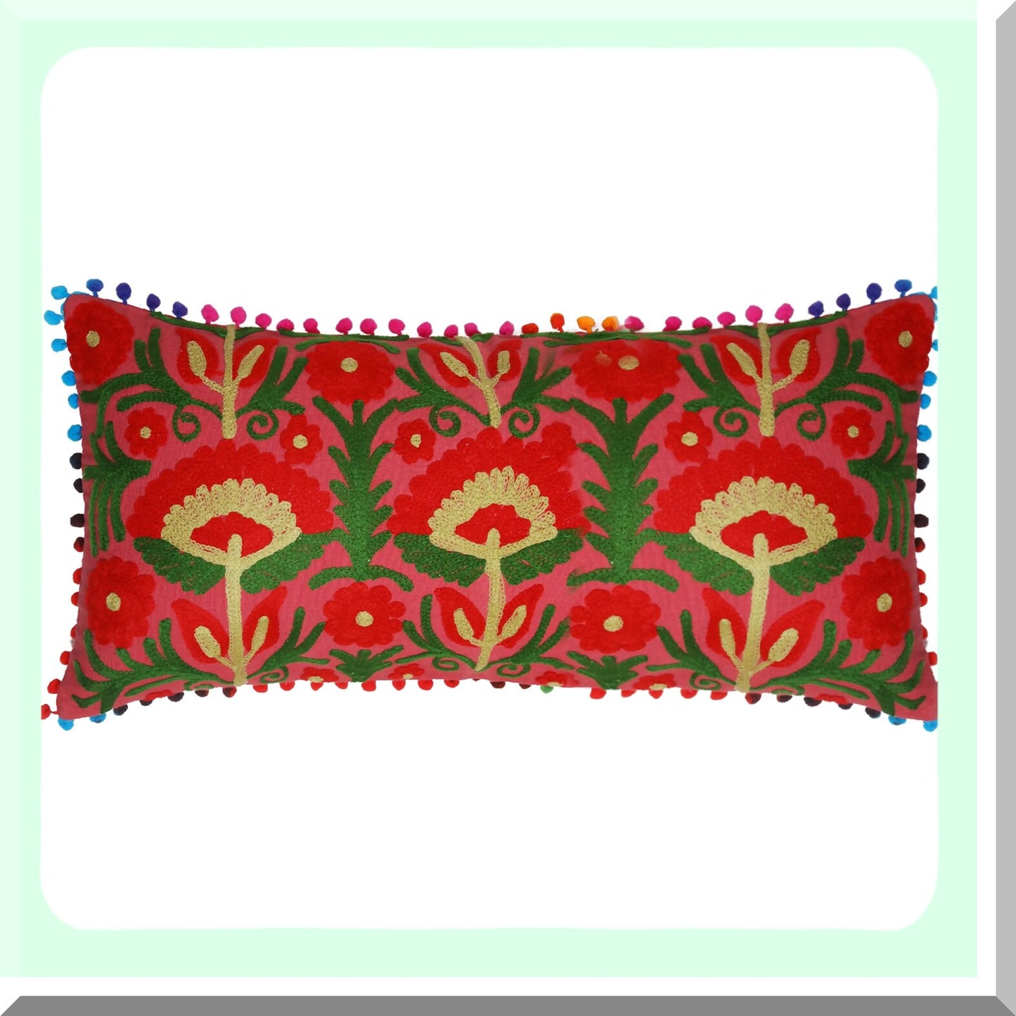 Boho Floral Suzani Cushion Cover Set - 100% Cotton Decorative Throw Pillow for Sofa Couch Bed - Coral Red - 18 x 18 Inches - Set of 2