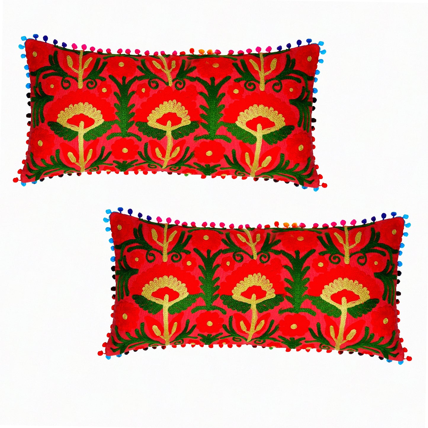 Boho Floral Suzani Cushion Cover Set - 100% Cotton Decorative Throw Pillow for Sofa Couch Bed - Coral Red - 18 x 18 Inches - Set of 2