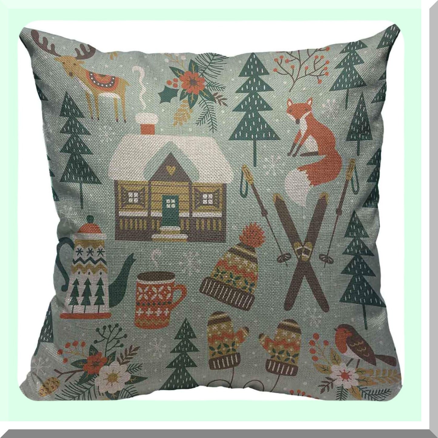 Winter Woodland Forest Animals Decorative Pillow Covers - Deer Fox Bird Chalet Flowers Ski Theme - Light Cotton Linen Cushion Cover 18x18 Inch