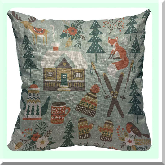 Winter Woodland Forest Animals Decorative Pillow Covers - Deer Fox Bird Chalet Flowers Ski Theme - Light Cotton Linen Cushion Cover 18x18 Inch