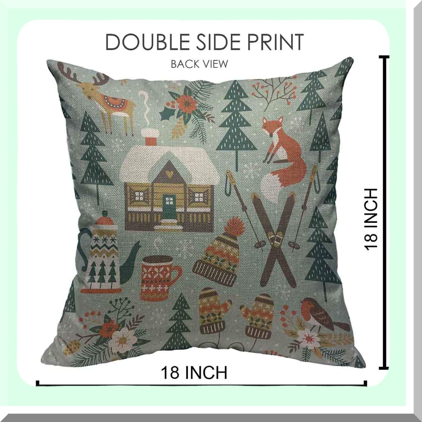 Winter Woodland Forest Animals Decorative Pillow Covers - Deer Fox Bird Chalet Flowers Ski Theme - Light Cotton Linen Cushion Cover 18x18 Inch