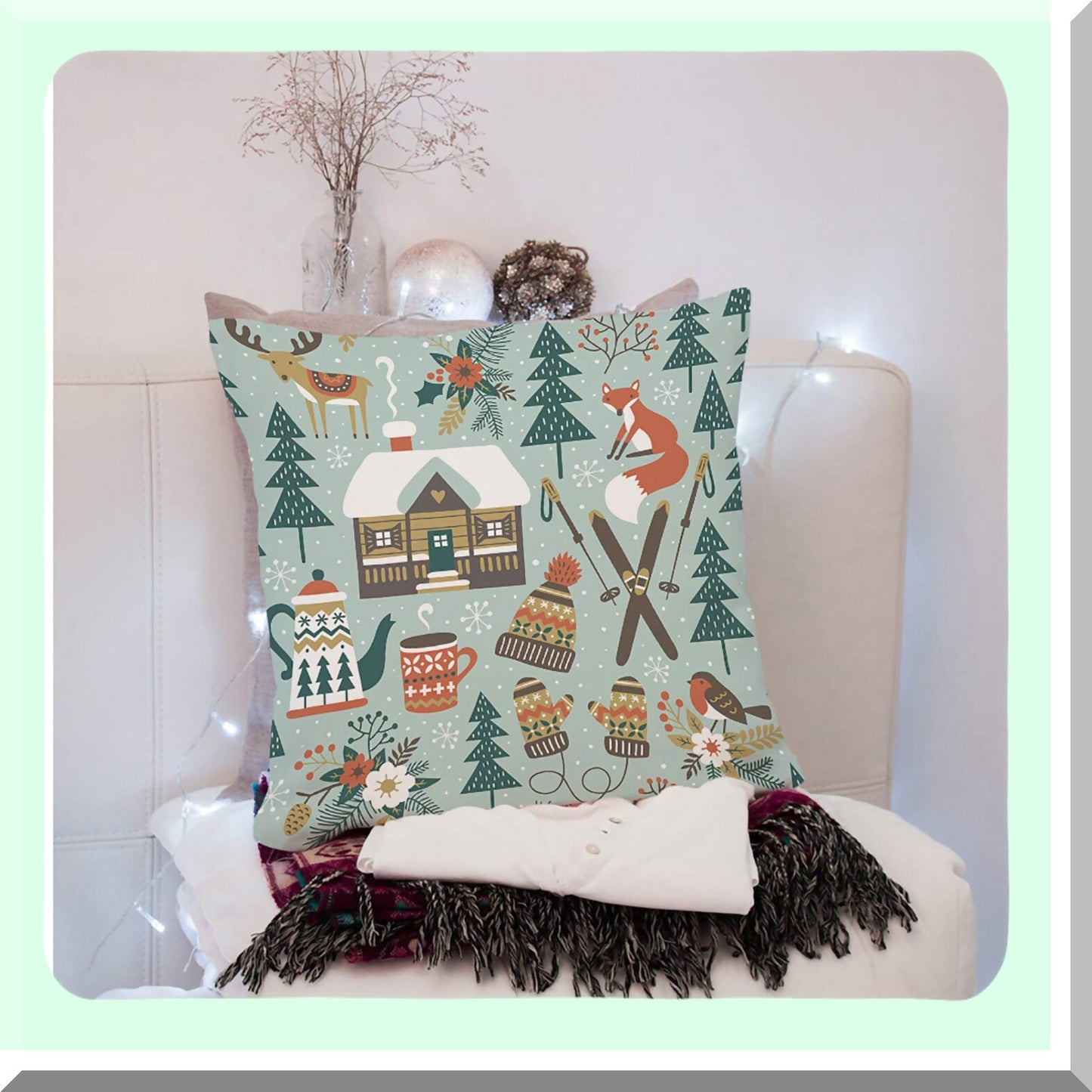 Winter Woodland Forest Animals Decorative Pillow Covers - Deer Fox Bird Chalet Flowers Ski Theme - Light Cotton Linen Cushion Cover 18x18 Inch