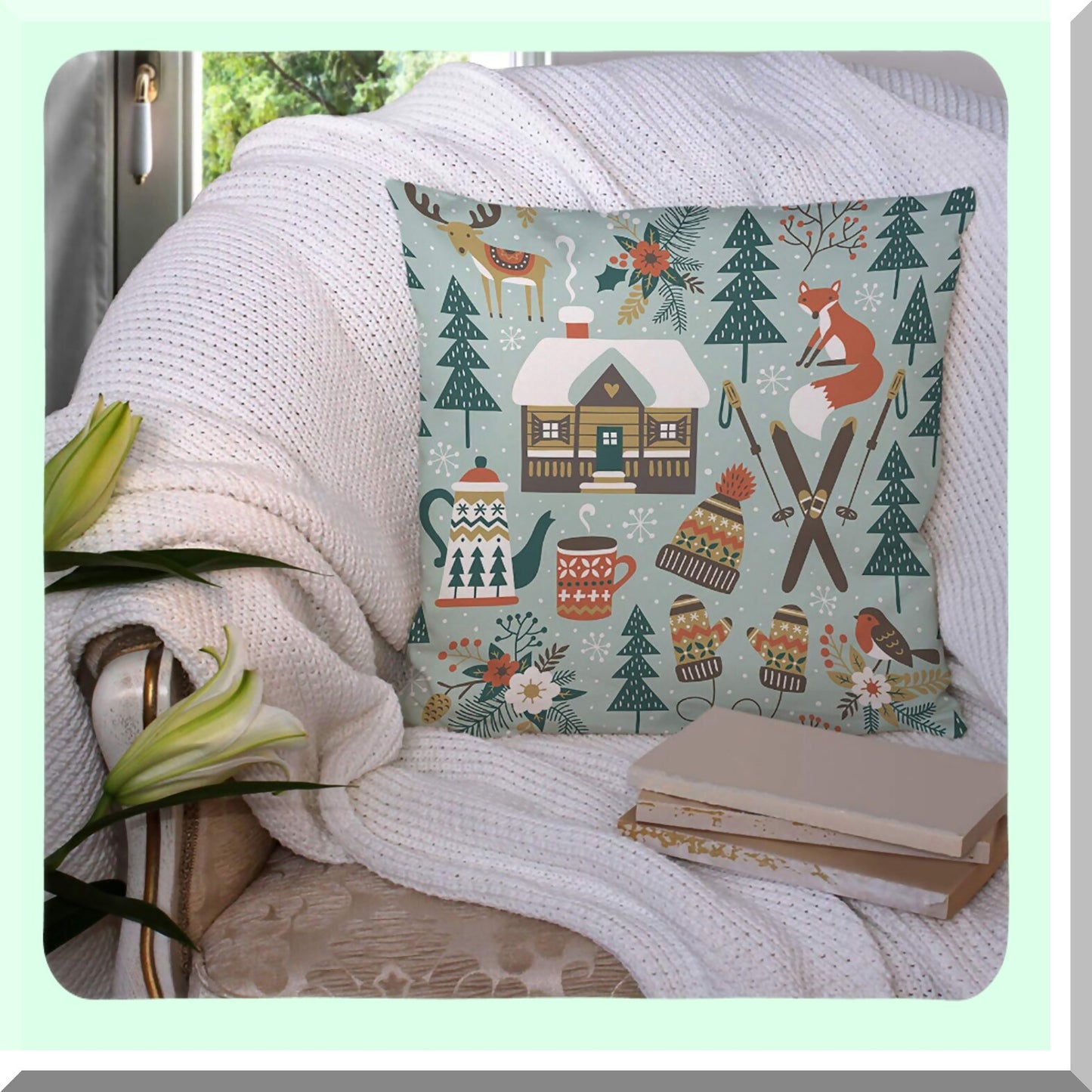Winter Woodland Forest Animals Decorative Pillow Covers - Deer Fox Bird Chalet Flowers Ski Theme - Light Cotton Linen Cushion Cover 18x18 Inch