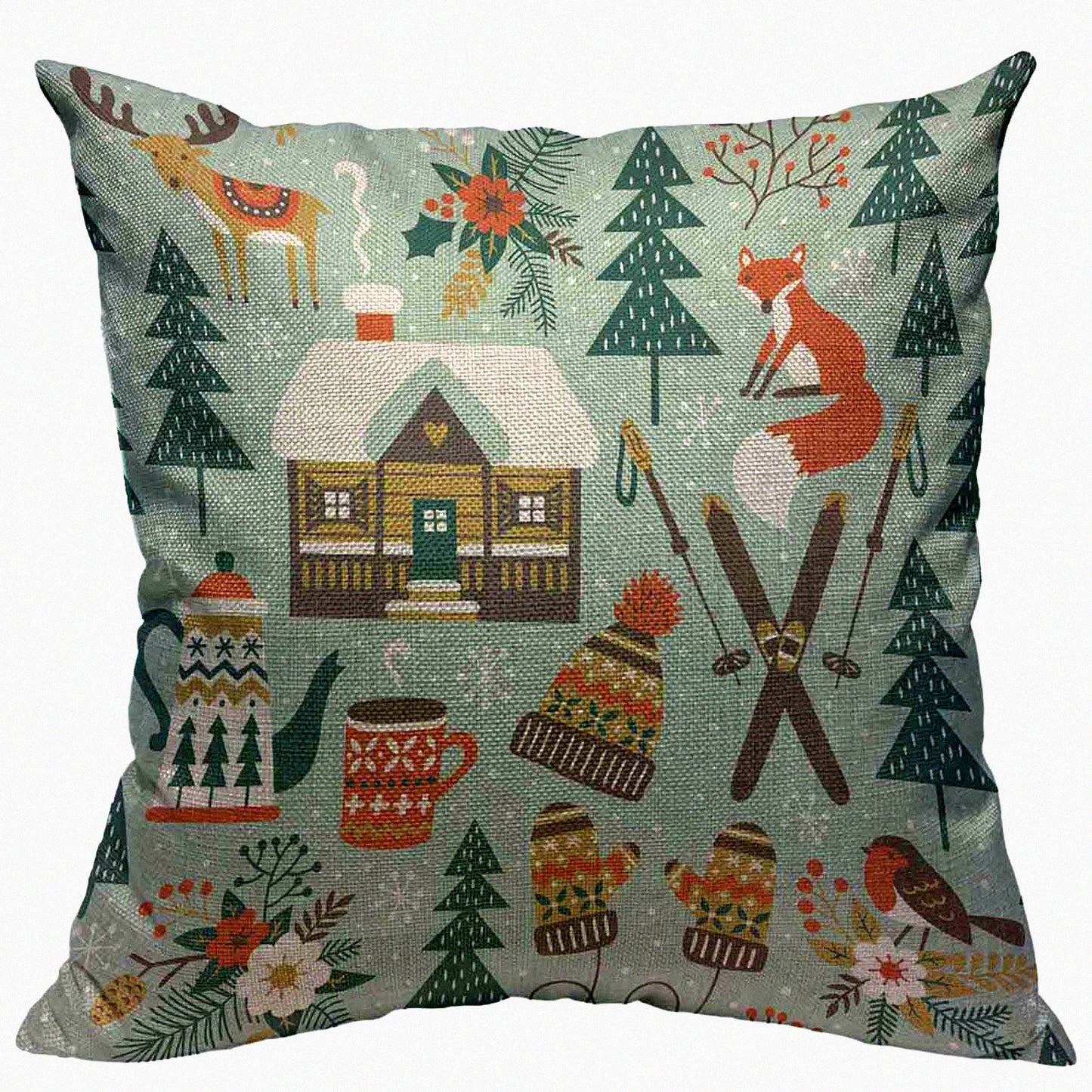Winter Woodland Forest Animals Decorative Pillow Covers - Deer Fox Bird Chalet Flowers Ski Theme - Light Cotton Linen Cushion Cover 18x18 Inch
