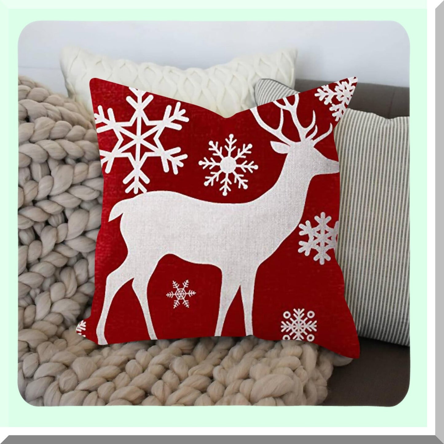 Winter Wonderland Holiday Deer Snowflake Pillow Cover - Festive Christmas Red Cotton Pillowslip for Sofa Bed - 22x22 Inch Stand Size Pillowcase