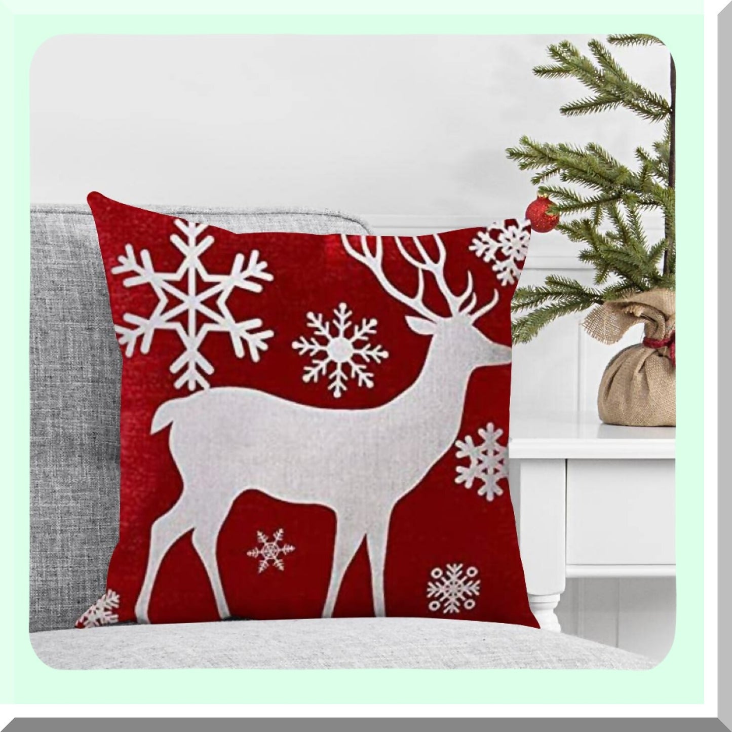 Winter Wonderland Holiday Deer Snowflake Pillow Cover - Festive Christmas Red Cotton Pillowslip for Sofa Bed - 22x22 Inch Stand Size Pillowcase