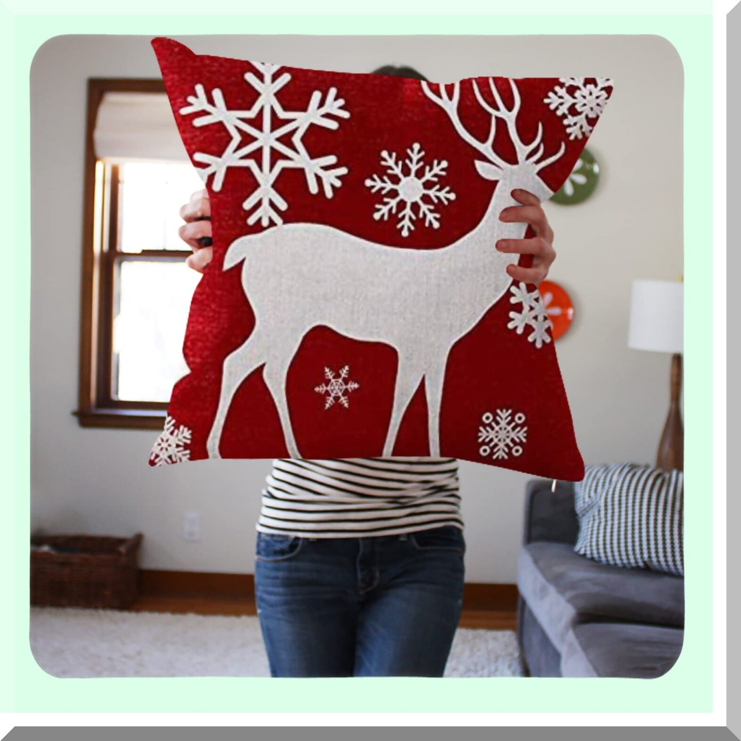 Winter Wonderland Holiday Deer Snowflake Pillow Cover - Festive Christmas Red Cotton Pillowslip for Sofa Bed - 22x22 Inch Stand Size Pillowcase