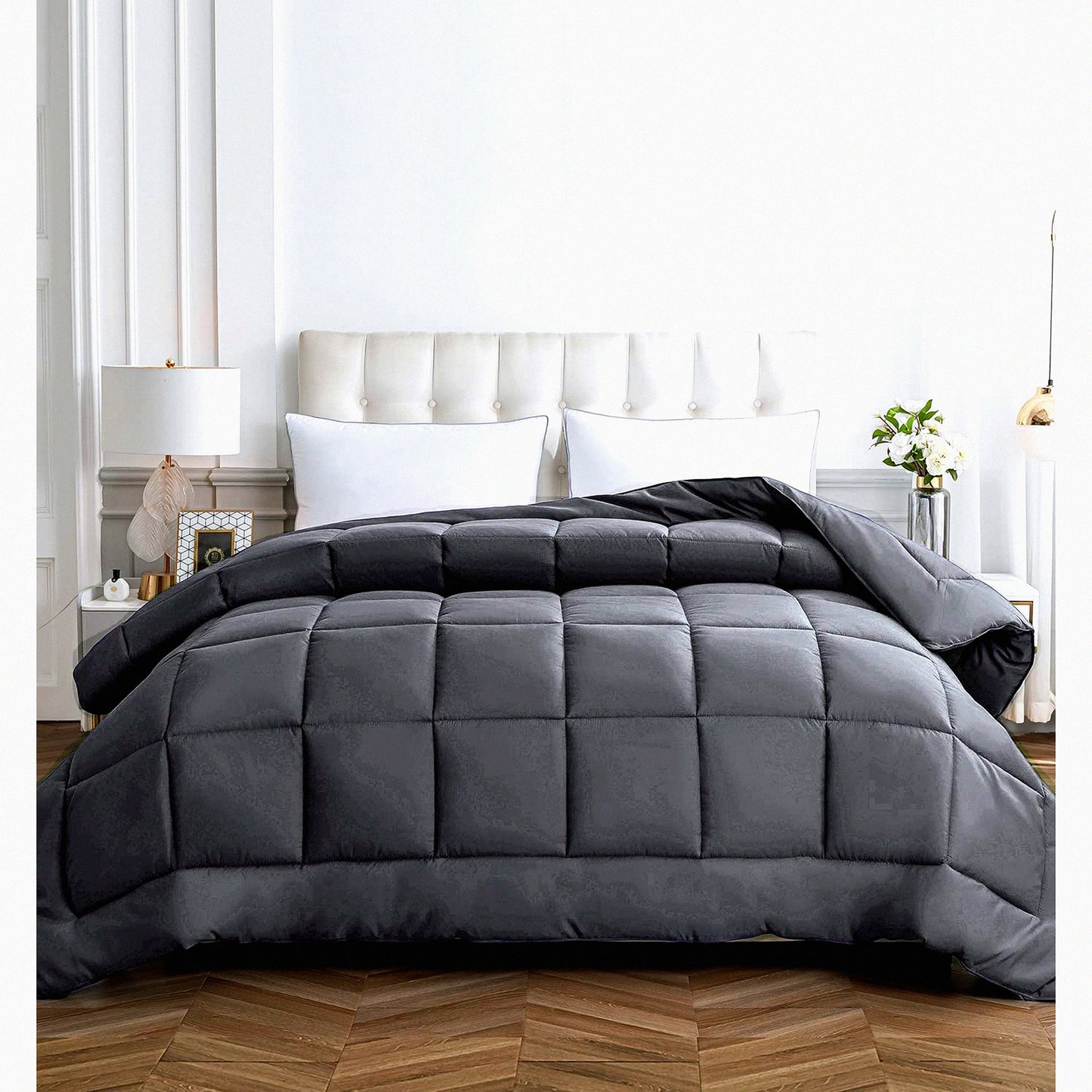 Diamond Stitched All Season Full Comforter - Breathable Gray Duvet Insert - Reversible Comforter with Corner Tabs - 82x86 inches