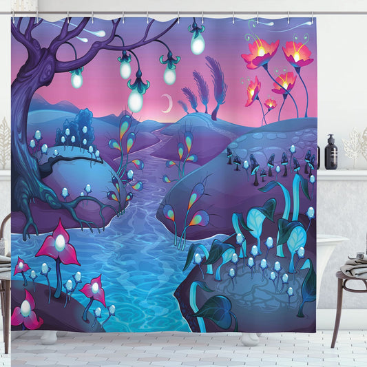 Mushroom Shower Curtain Cartoon Fantasy Blue Fuchsia