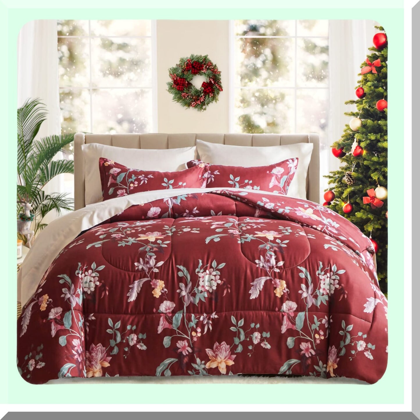 Burgundy Red Floral Queen Bed Set - 7 Piece Microfiber Comforter Sheet Set - All Season Bedding Bundle with Pillow Shams, Sheets, Pillowcases