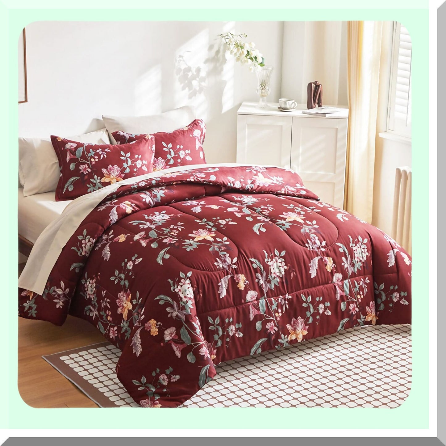 Burgundy Red Floral Queen Bed Set - 7 Piece Microfiber Comforter Sheet Set - All Season Bedding Bundle with Pillow Shams, Sheets, Pillowcases