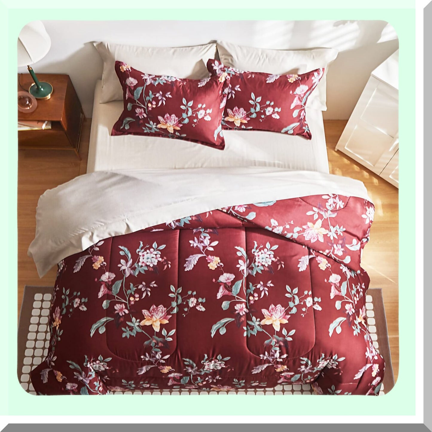 Burgundy Red Floral Queen Bed Set - 7 Piece Microfiber Comforter Sheet Set - All Season Bedding Bundle with Pillow Shams, Sheets, Pillowcases