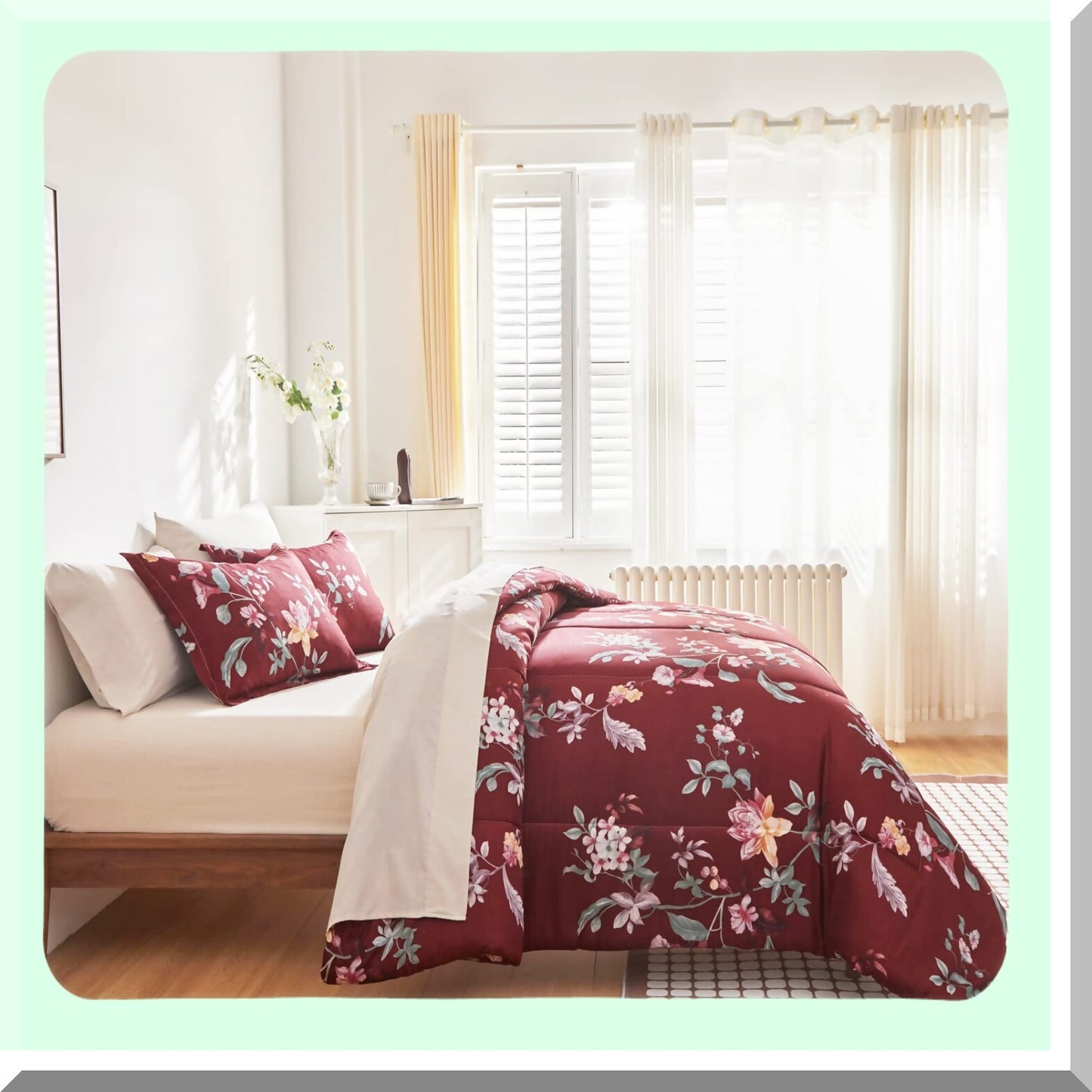 Burgundy Red Floral Queen Bed Set - 7 Piece Microfiber Comforter Sheet Set - All Season Bedding Bundle with Pillow Shams, Sheets, Pillowcases