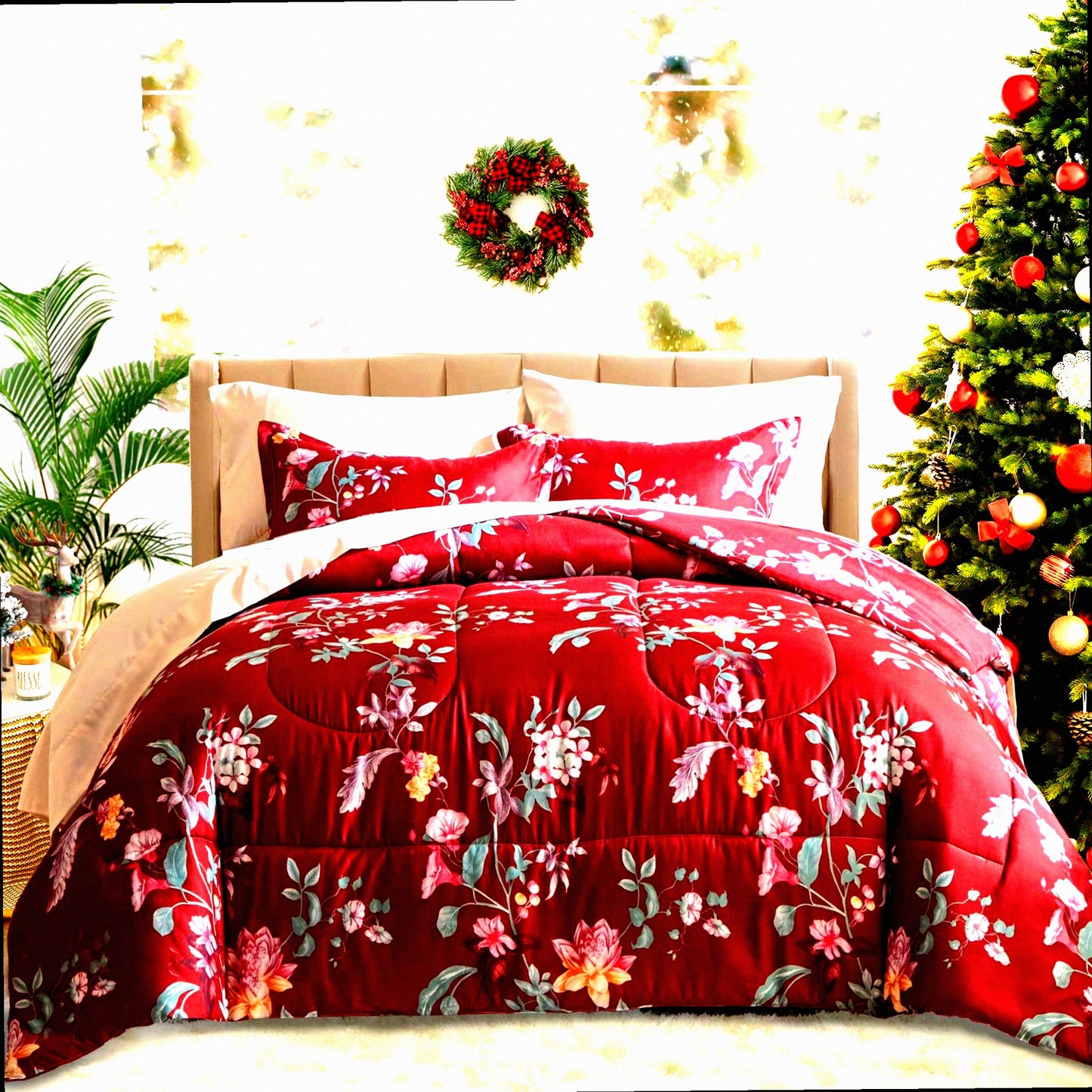Burgundy Red Floral Queen Bed Set - 7 Piece Microfiber Comforter Sheet Set - All Season Bedding Bundle with Pillow Shams, Sheets, Pillowcases