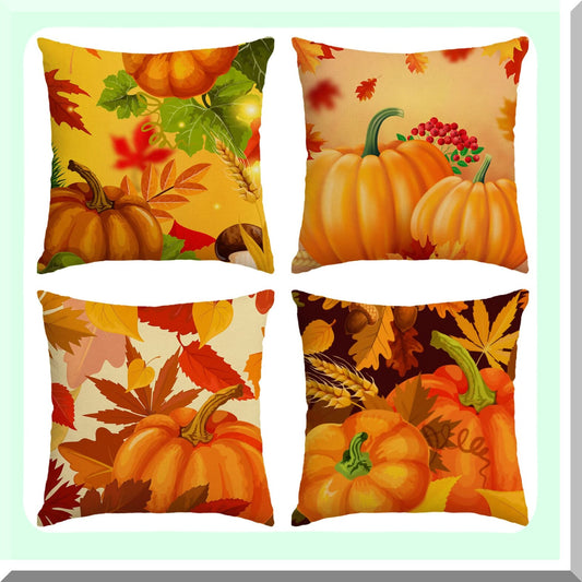 Autumn Harvest Pillow Covers - Set of 4 18x18 Inch Fall Thanksgiving Pumpkins & Leaves Throw Pillow Cases for Outdoor Sofa & Couch Decor