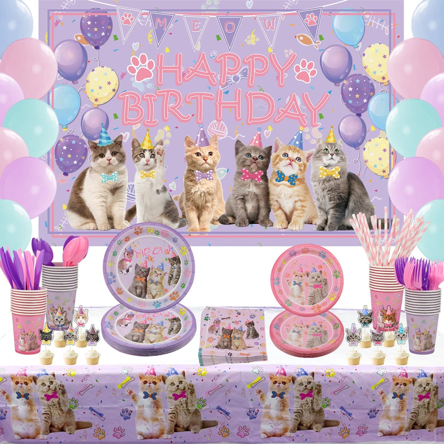 Purrfect Pawty Pack - Cat Birthday Supplies Set with Happy Birthday Backdrop, Tableware, Balloon, Straws & Decorations for Kids Party, Serves 20 Guest