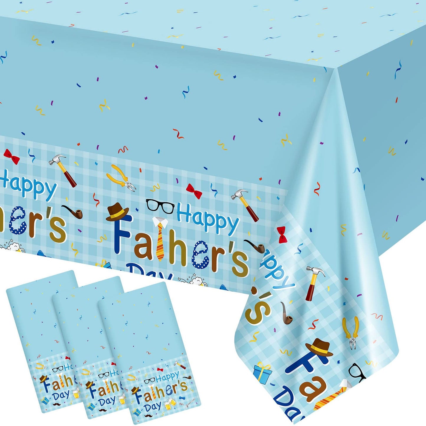 Happy Fathers Day Water Print Tablecloth - Set of 3, 54 x 108 Inch Blue Table Cover for Birthday Party Decoration & Supplies.