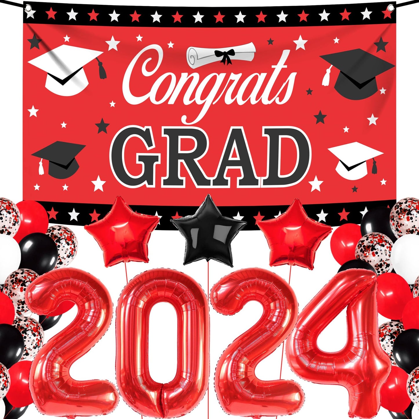 RedBlack2024 Grad Pack - 40pc Set: 72x44 Inch Banner, Balloons - Congrats Grad Decorations for Class of 2024 - Perfect Graduation Party Supplies