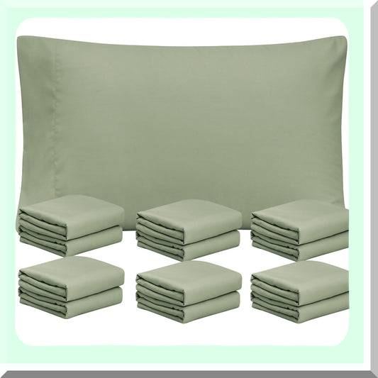 Sage Green Microfiber Pillowcase Set - Queen Size 12 Pack - Soft Brushed Fabric - Envelope Closure - 20x30 Inches - Bulk Pillow Case Set for Home, Hotels, Schools