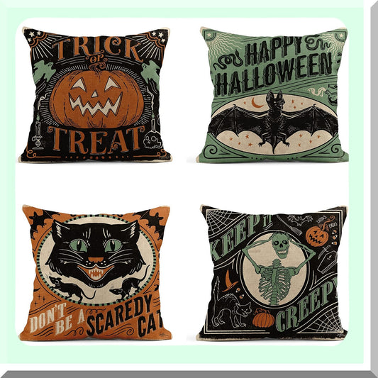 Vintage Halloween Linen Pillow Covers - Set of 4 Scaredy Cats Pumpkins Skeletons Square Cushion Covers 20x20 Inch for Sofa Bed Couch Home Decor Pillowcase