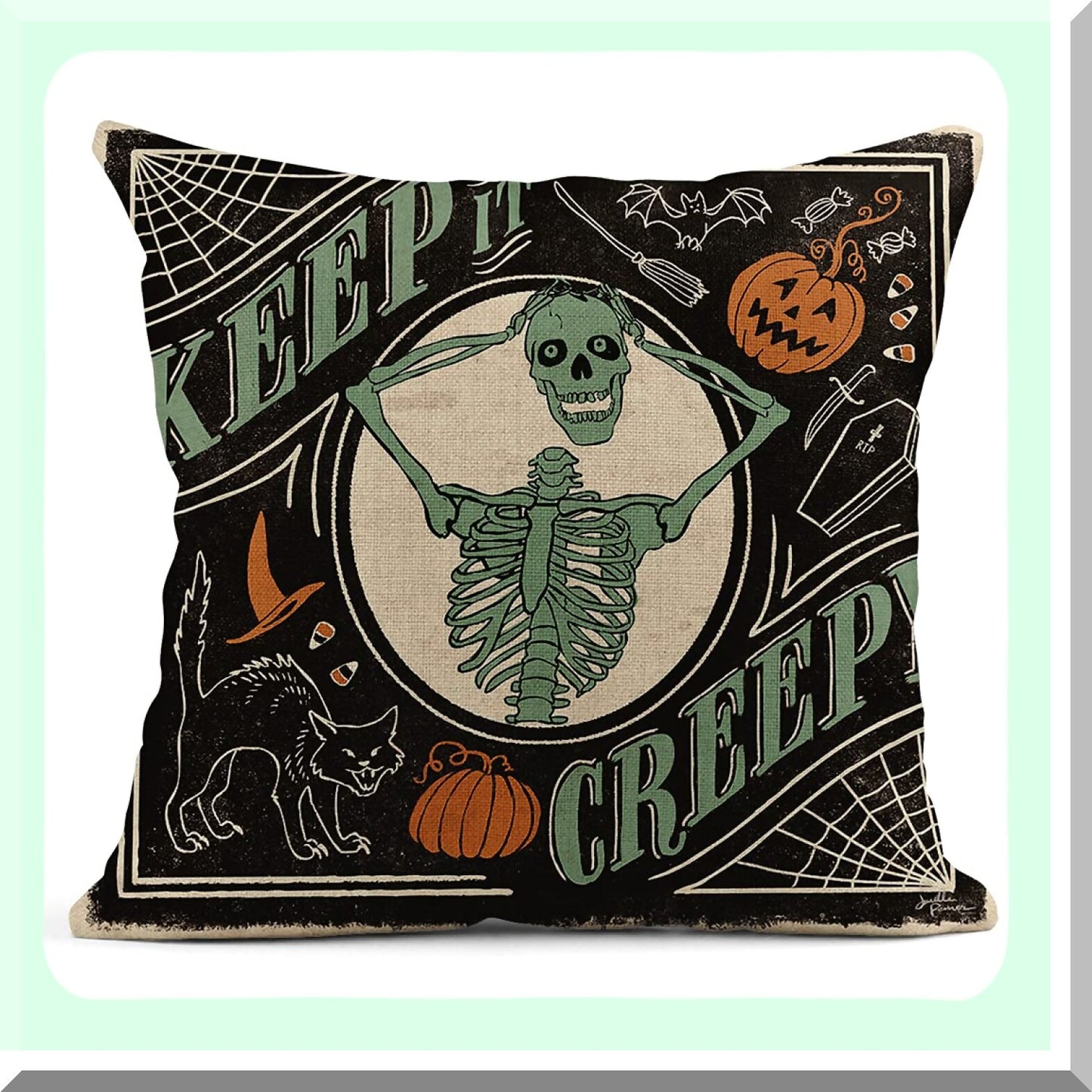 Vintage Halloween Linen Pillow Covers - Set of 4 Scaredy Cats Pumpkins Skeletons Square Cushion Covers 20x20 Inch for Sofa Bed Couch Home Decor Pillowcase