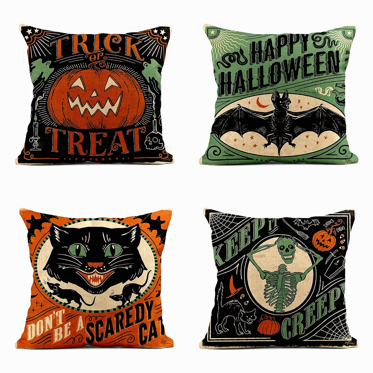 Vintage Halloween Linen Pillow Covers - Set of 4 Scaredy Cats Pumpkins Skeletons Square Cushion Covers 20x20 Inch for Sofa Bed Couch Home Decor Pillowcase