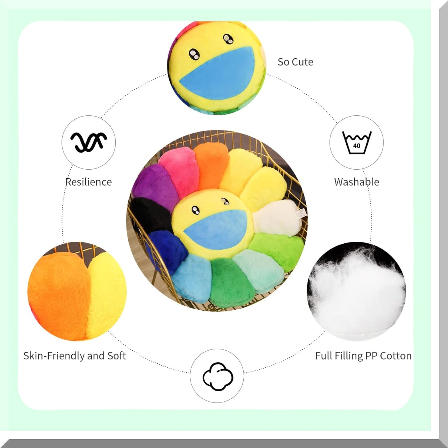 Sunflower Bliss Cushion - Colorful Flower Shaped Throw Pillow for Sofa, Bedroom, Car - Cute Room Decor Plush Pillow - 60CM/23.6in Floor Cushion