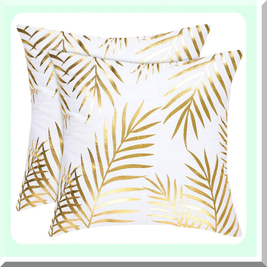 Gold Leaf Pattern Decorative Pillow Shams - Set of 2 | Modern Square Cushion Covers for Bedroom, Sofa, Car | 18x18 Inches | Bronzing Flannelette