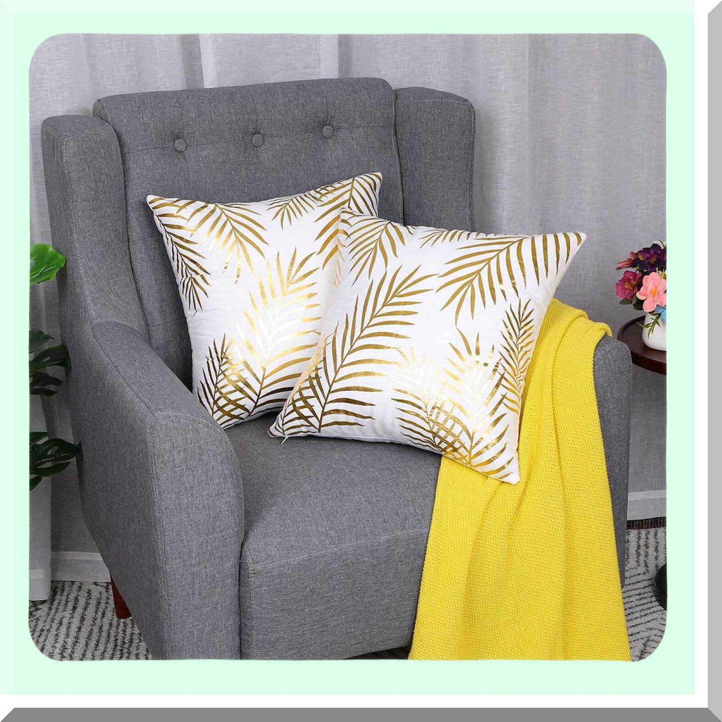 Gold Leaf Pattern Decorative Pillow Shams - Set of 2 | Modern Square Cushion Covers for Bedroom, Sofa, Car | 18x18 Inches | Bronzing Flannelette