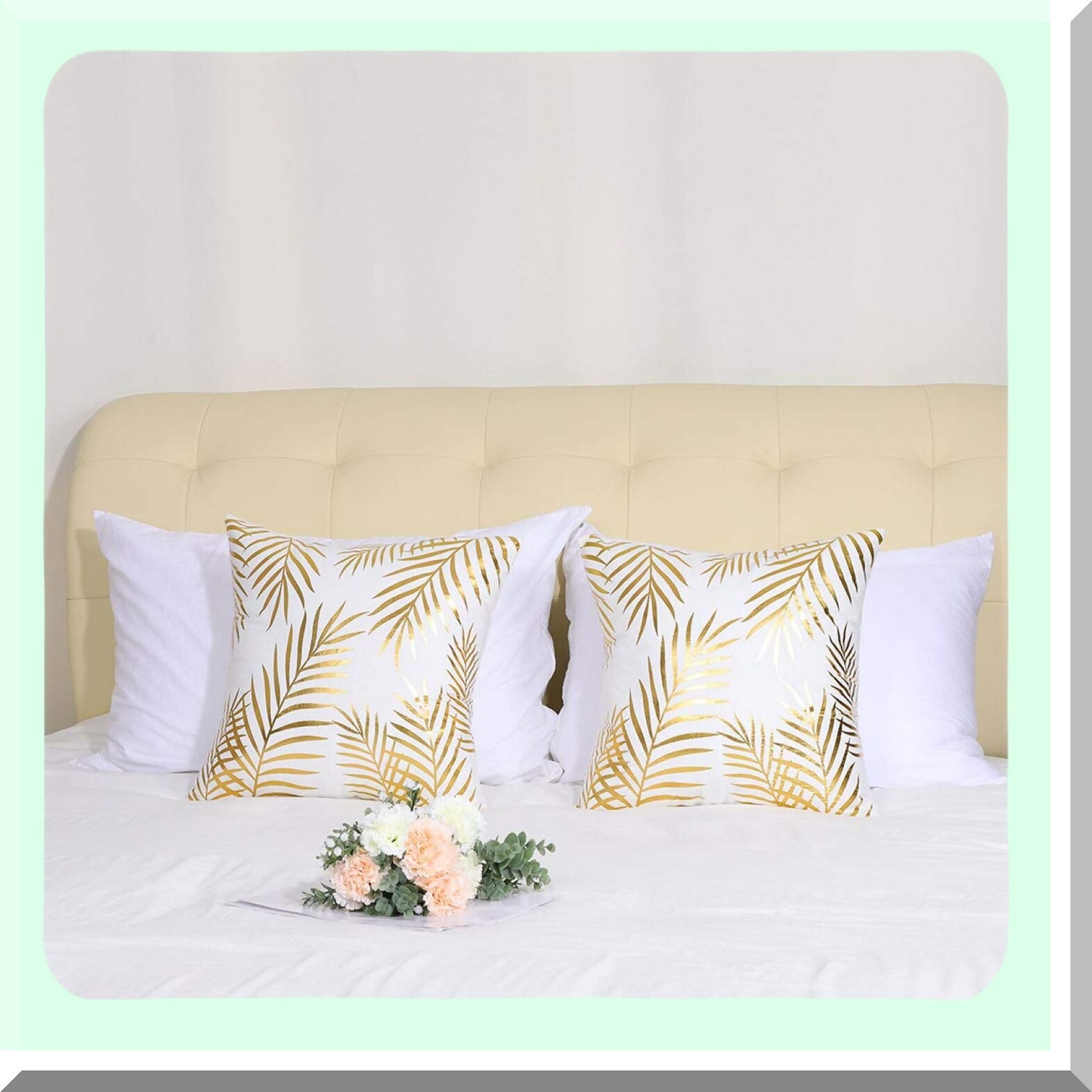 Gold Leaf Pattern Decorative Pillow Shams - Set of 2 | Modern Square Cushion Covers for Bedroom, Sofa, Car | 18x18 Inches | Bronzing Flannelette