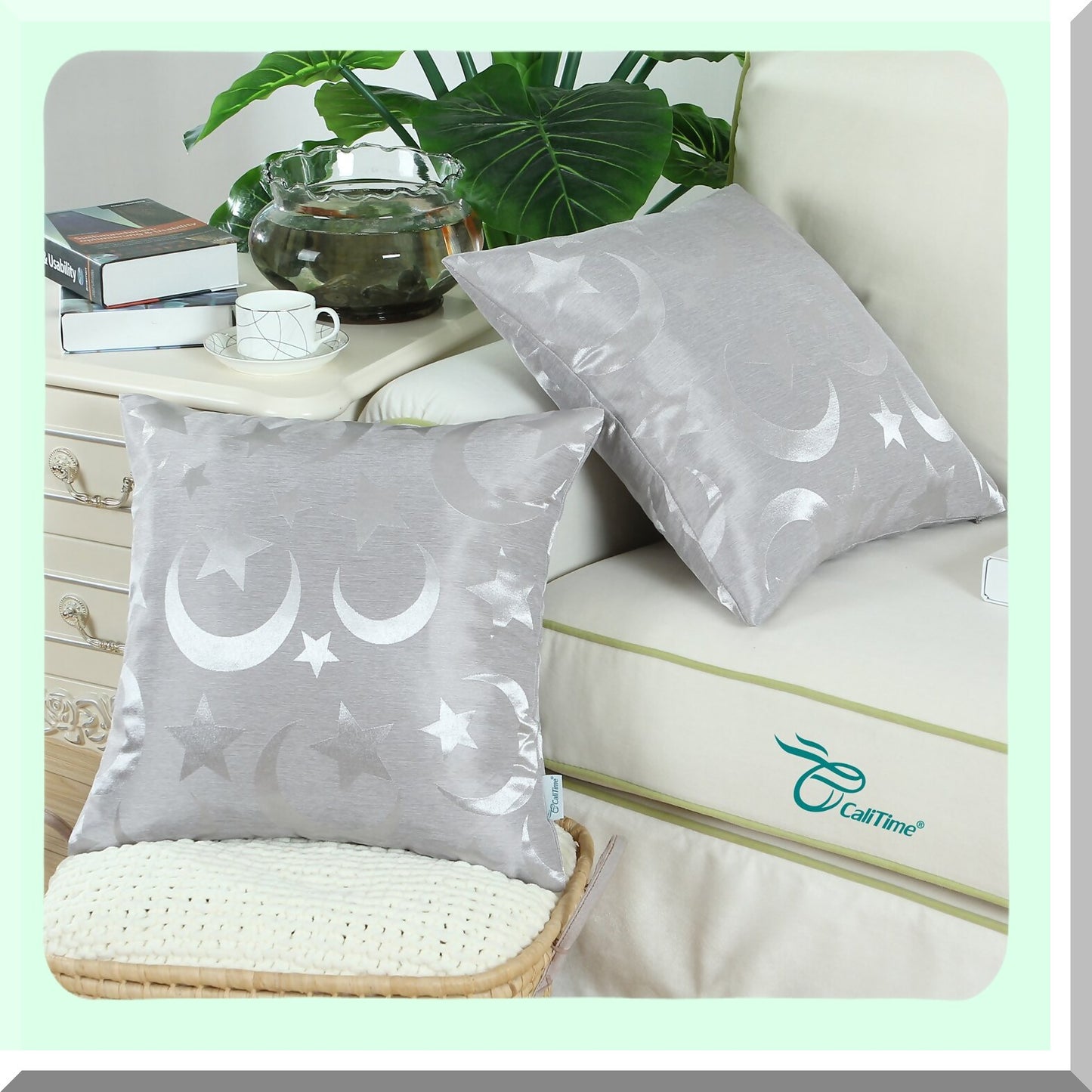 ShineDull StarMoon Pillowcase Set - Modern Home Decor Couch Sofa Cover - 18x18 Silver Gray - Pack of 2 - Contrast Design