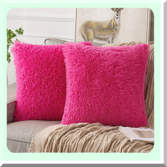 FluffyLux Shaggy Plush Pillowcase Set - Mongolian Merino Style Cushion Covers for Sofa Couch Bed - Decorative Hot Pink Throw Pillow Covers 18x18"