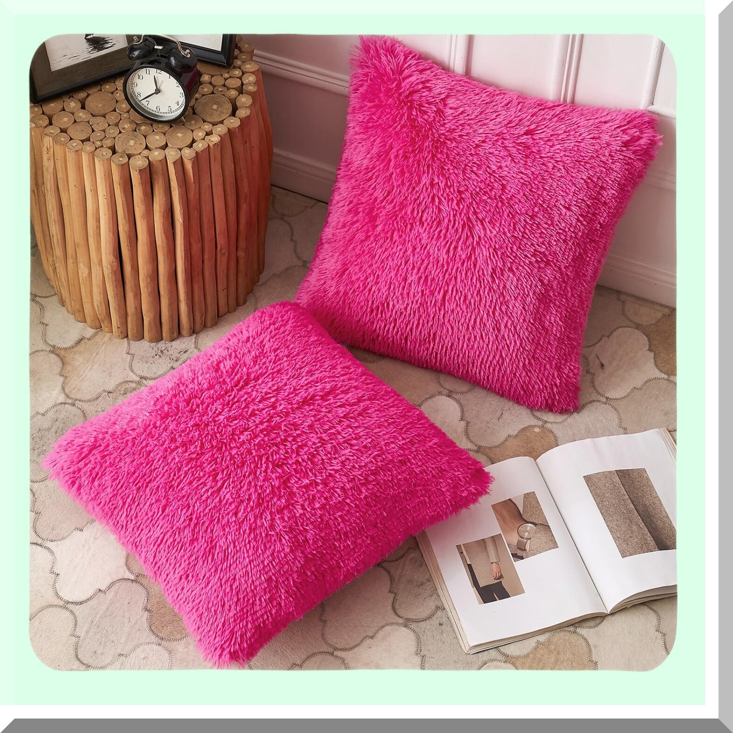 FluffyLux Shaggy Plush Pillowcase Set - Mongolian Merino Style Cushion Covers for Sofa Couch Bed - Decorative Hot Pink Throw Pillow Covers 18x18"
