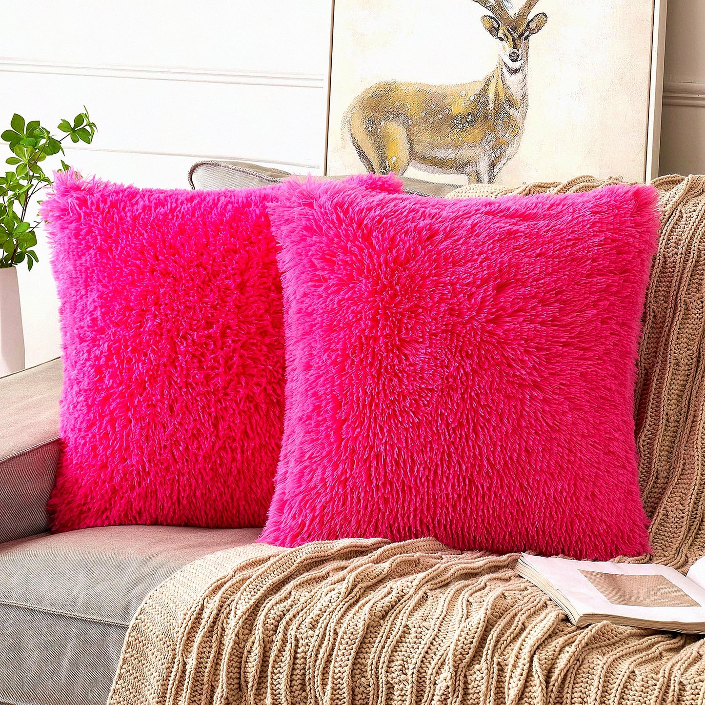FluffyLux Shaggy Plush Pillowcase Set - Mongolian Merino Style Cushion Covers for Sofa Couch Bed - Decorative Hot Pink Throw Pillow Covers 18x18"