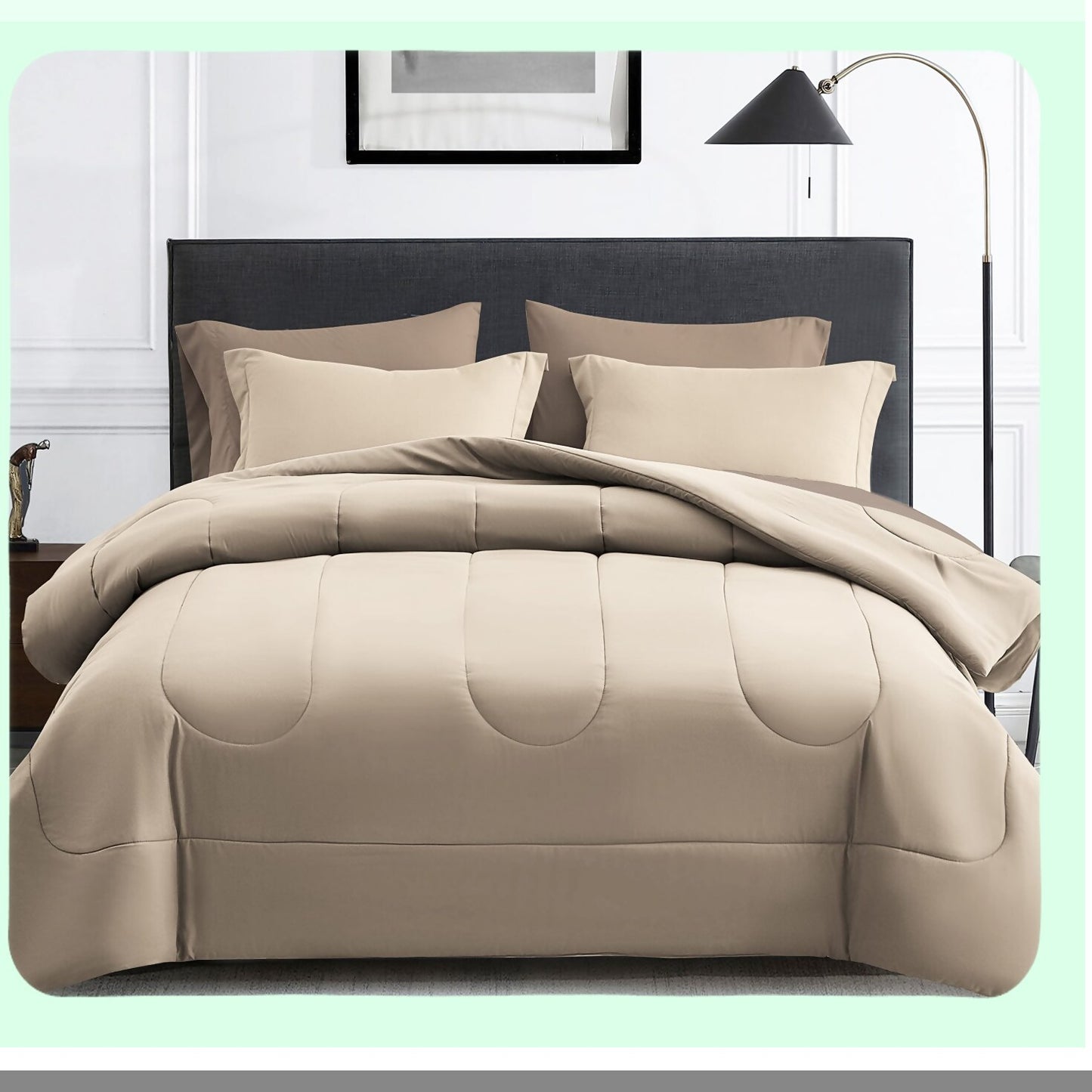 Luxury Comfort 7-Piece Bedding Set - Plush Down Alternative Comforter, Sheets, Pillowcases, Shams - Reversible Duvet Insert - Beige Bed Set