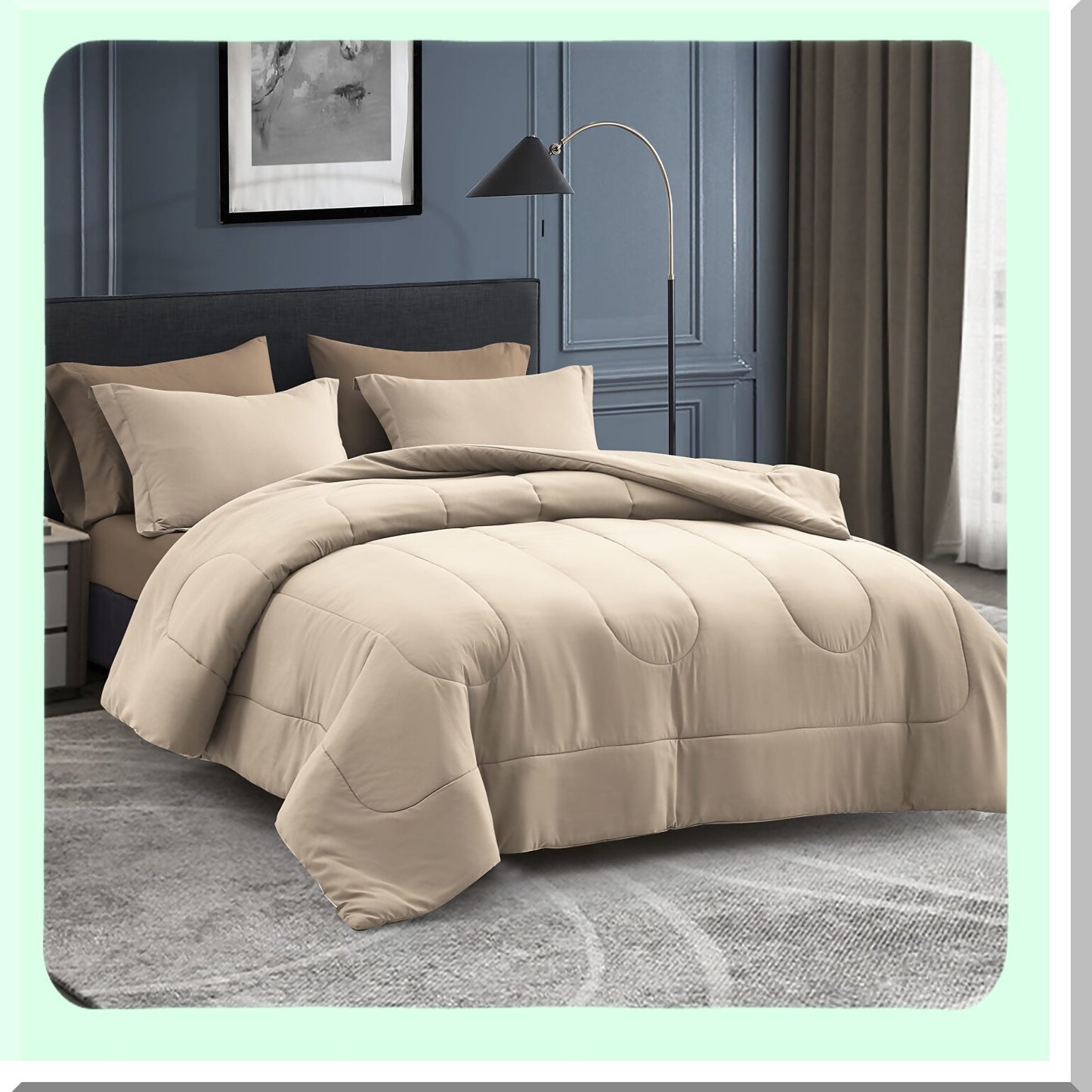 Luxury Comfort 7-Piece Bedding Set - Plush Down Alternative Comforter, Sheets, Pillowcases, Shams - Reversible Duvet Insert - Beige Bed Set