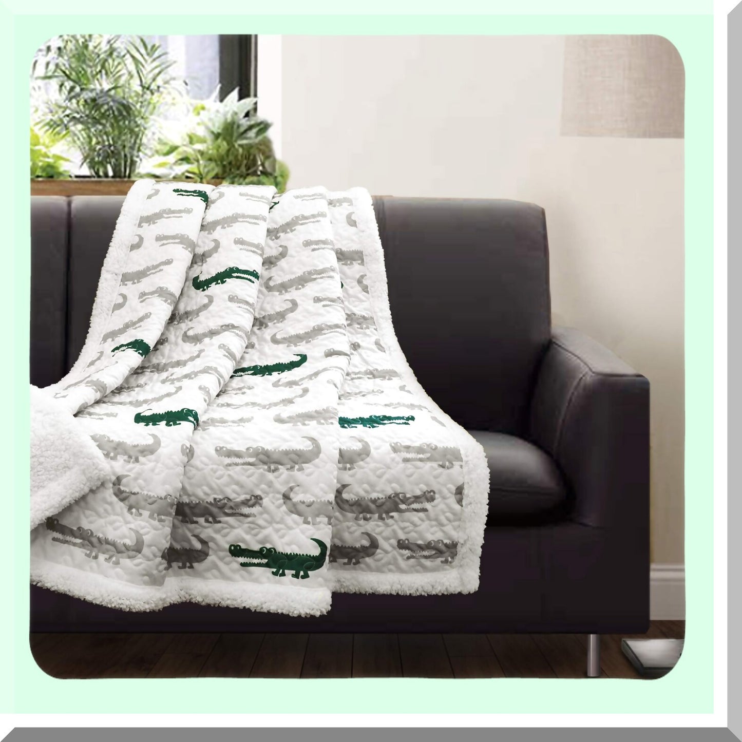 CozyCroc Sherpa Throw Blanket, 60" x 50", Gray/Green"