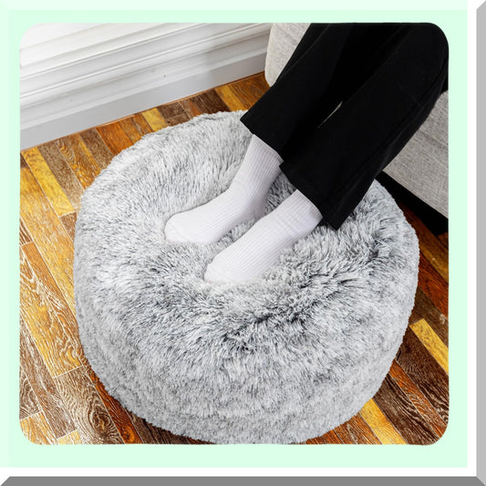 Snow Gray Round Pouf Ottoman - 20" Diameter x 12" Height Stuffed Foot Stool Chair for Living Room & Bedroom. Soft Floor Rest for Couch.